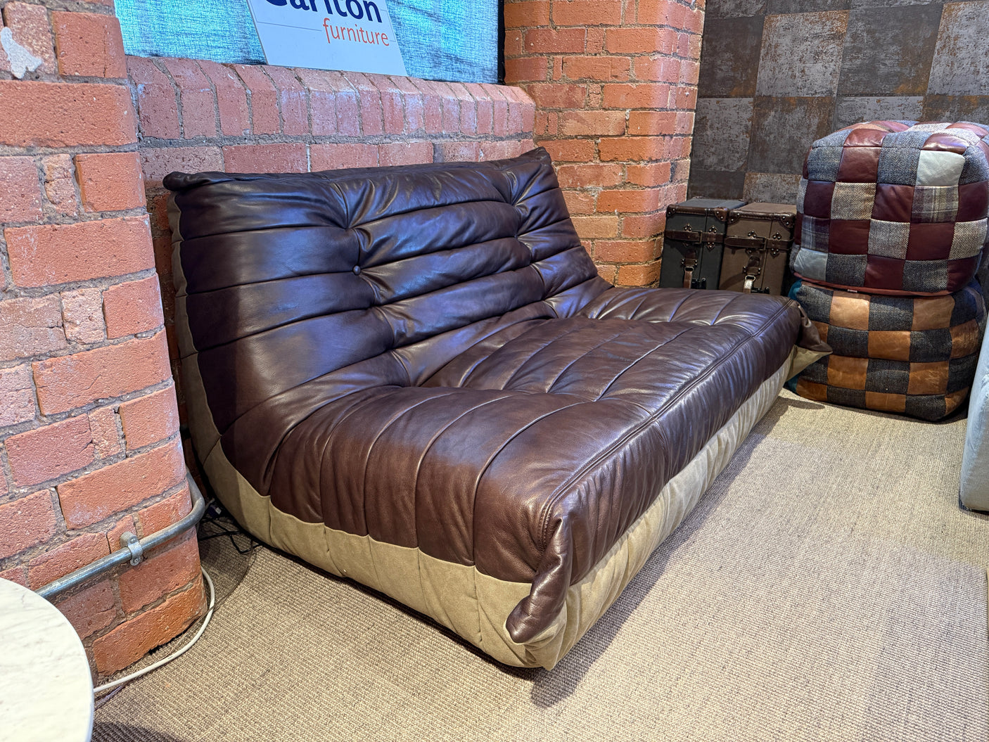 Cushioned Christof Loveseats in Brown Leather and Green Canvas