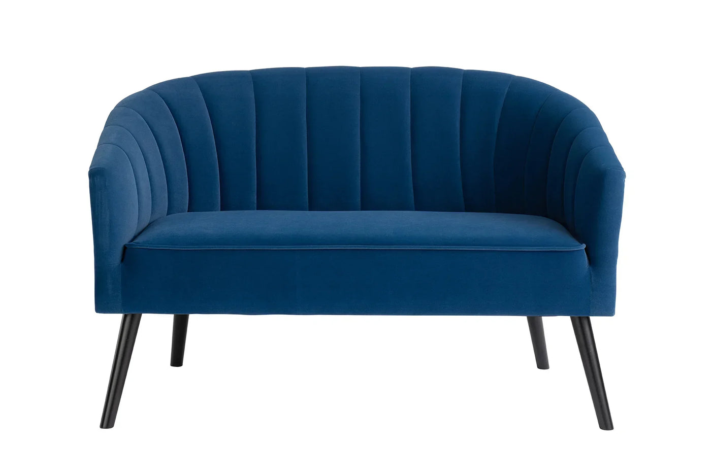 Blue velvet sofa with vertical stitched backrest and black metal legs, front view