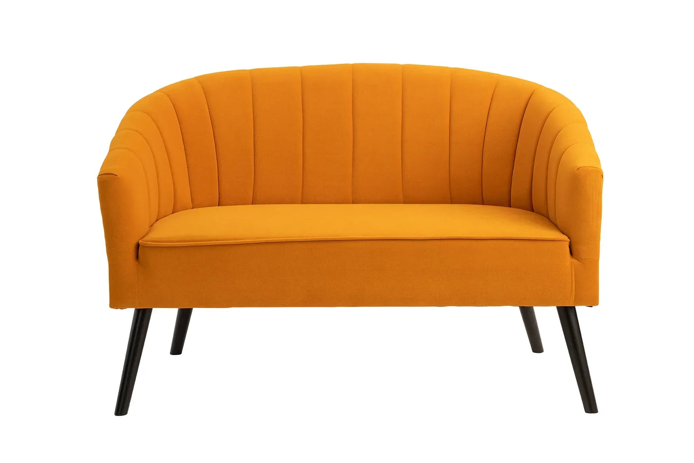 Mustard yellow fabric loveseat with scalloped backrest and black angled legs