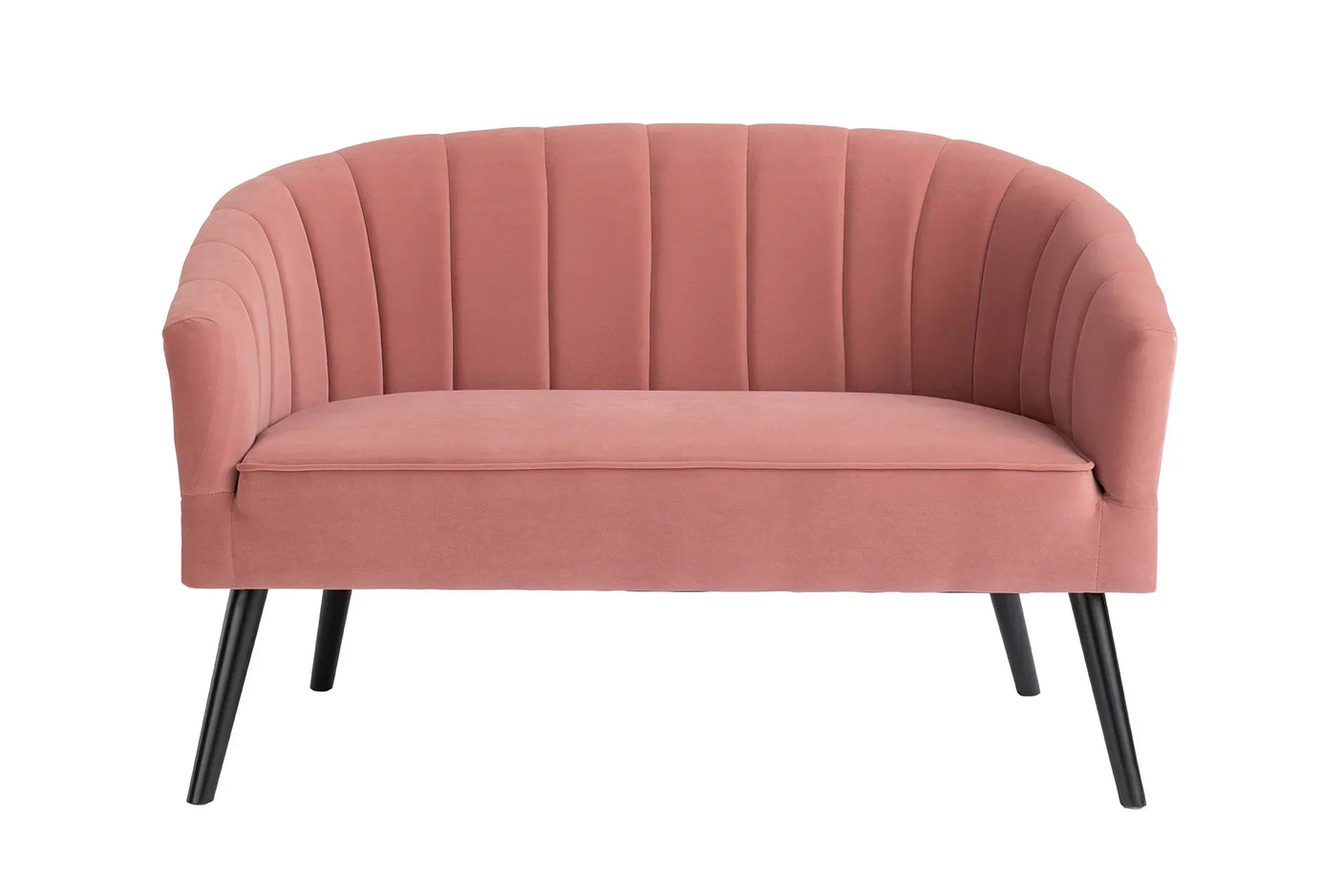Blush pink velvet loveseat with curved back and vertical channel tufting on black legs