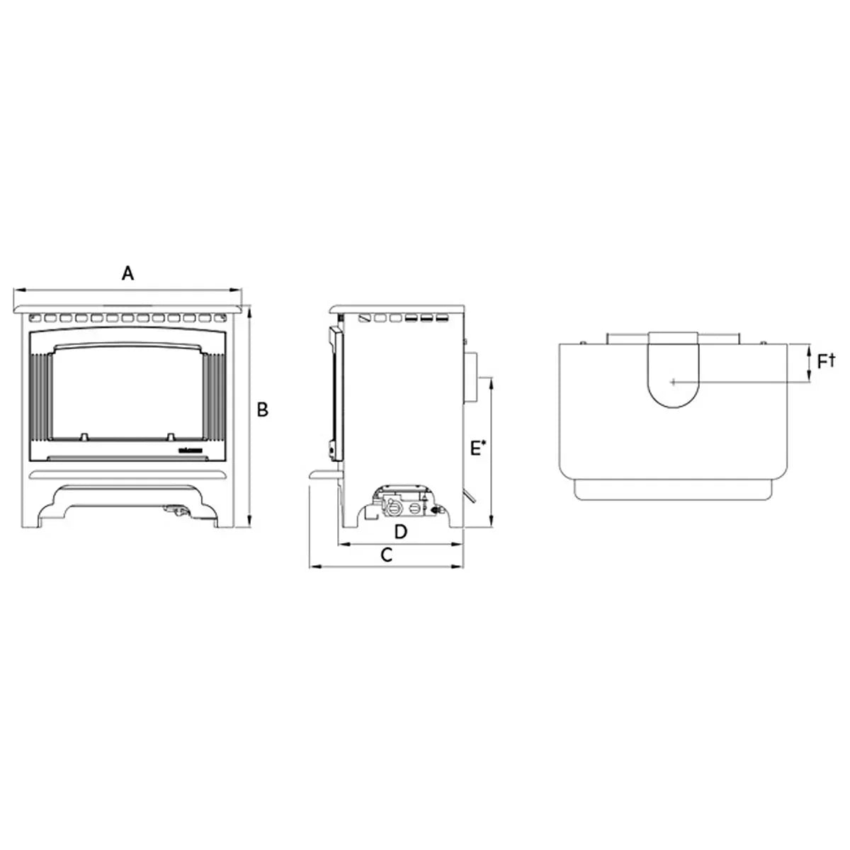 Electric stove heater technical drawing showing front, side, and top dimensions
