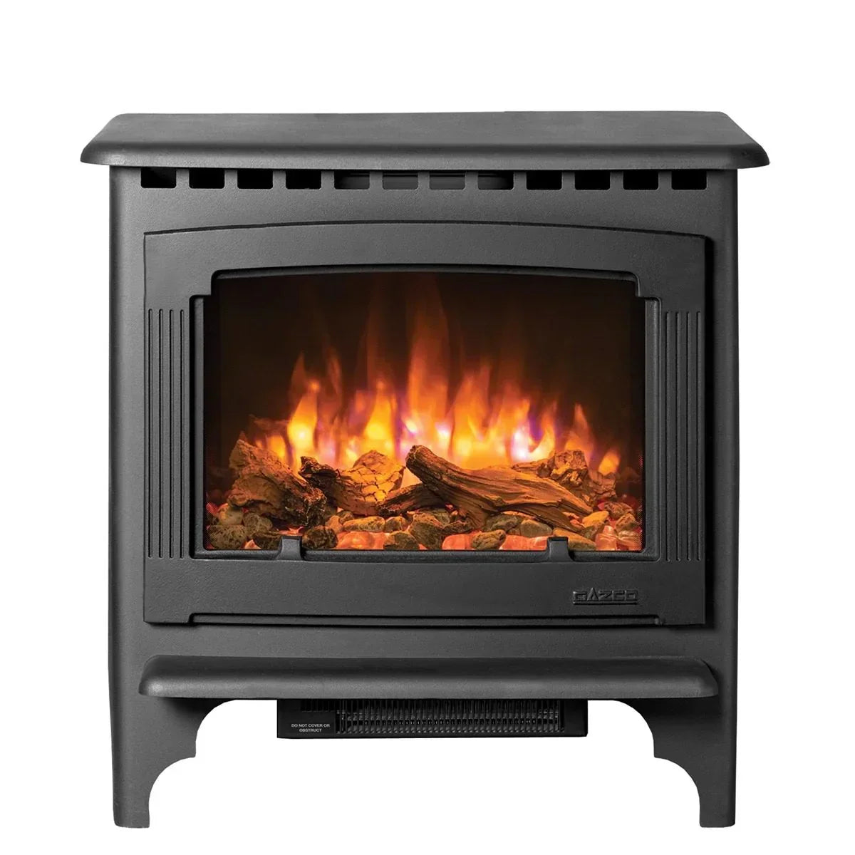 Black freestanding electric stove heater with realistic flame and log effect