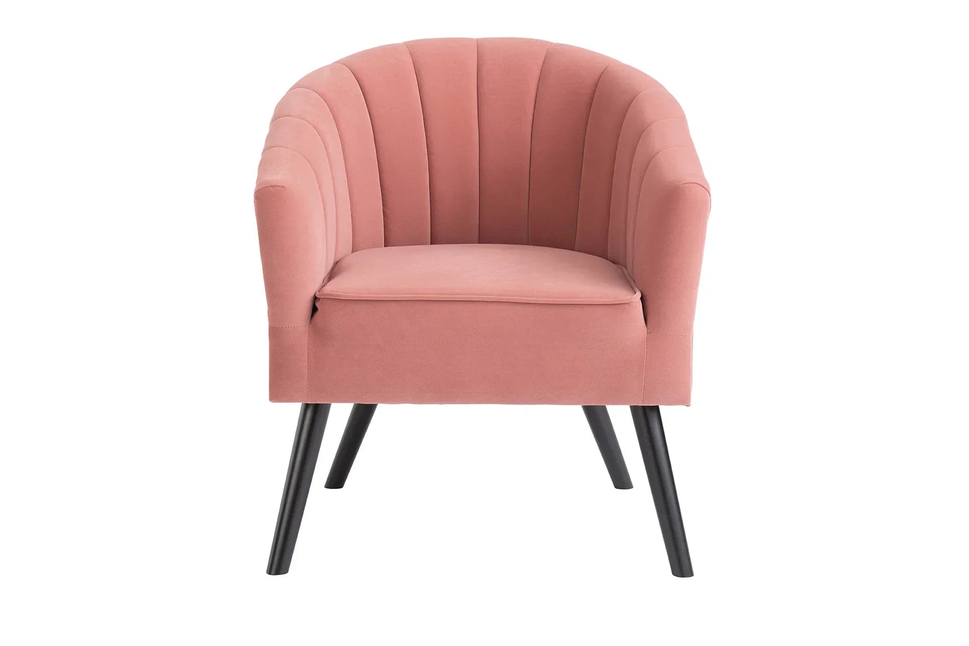 Blush pink velvet accent chair with black legs and scalloped backrest, front view