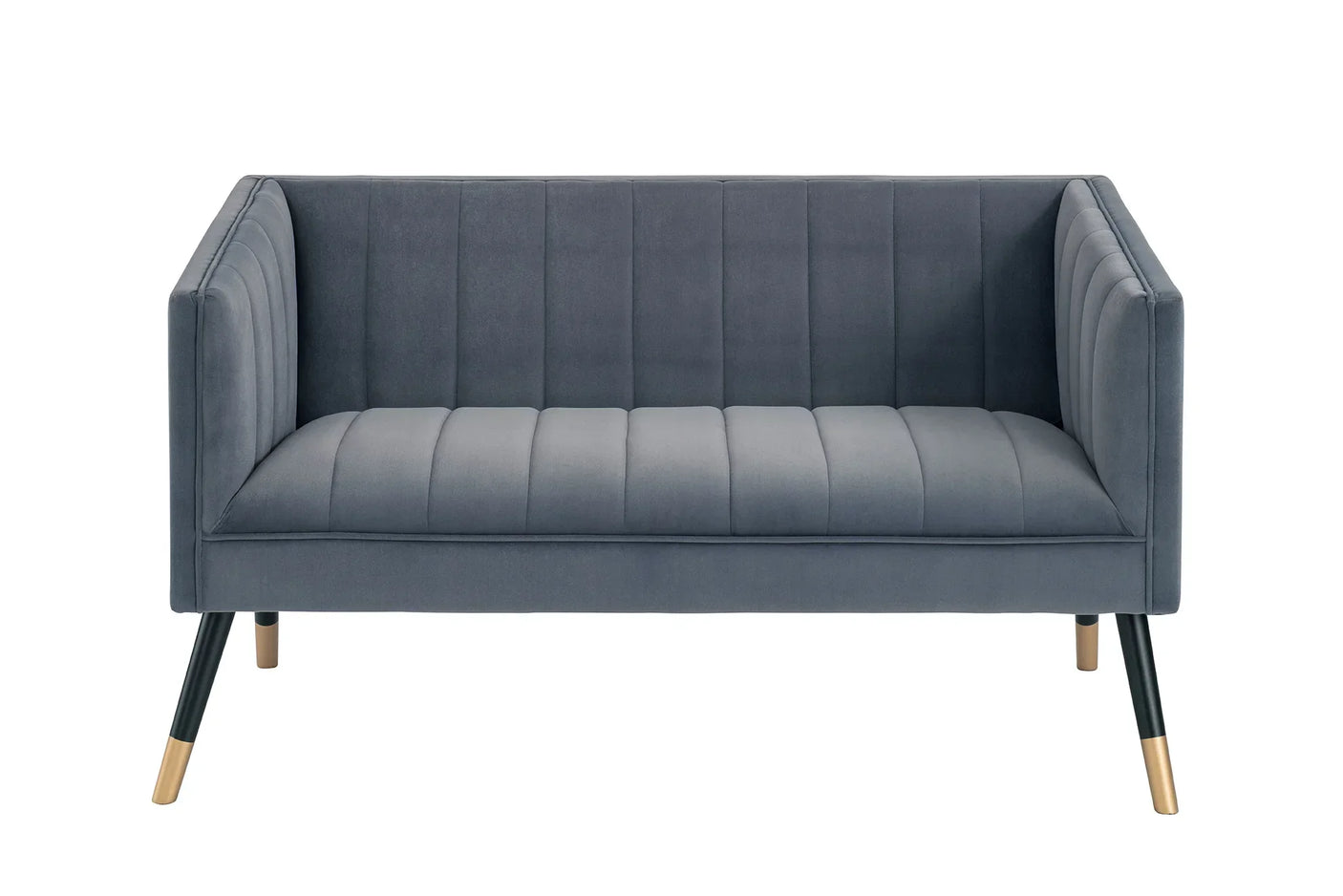 Grey velvet sofa with vertical tufted back and gold capped legs, front view