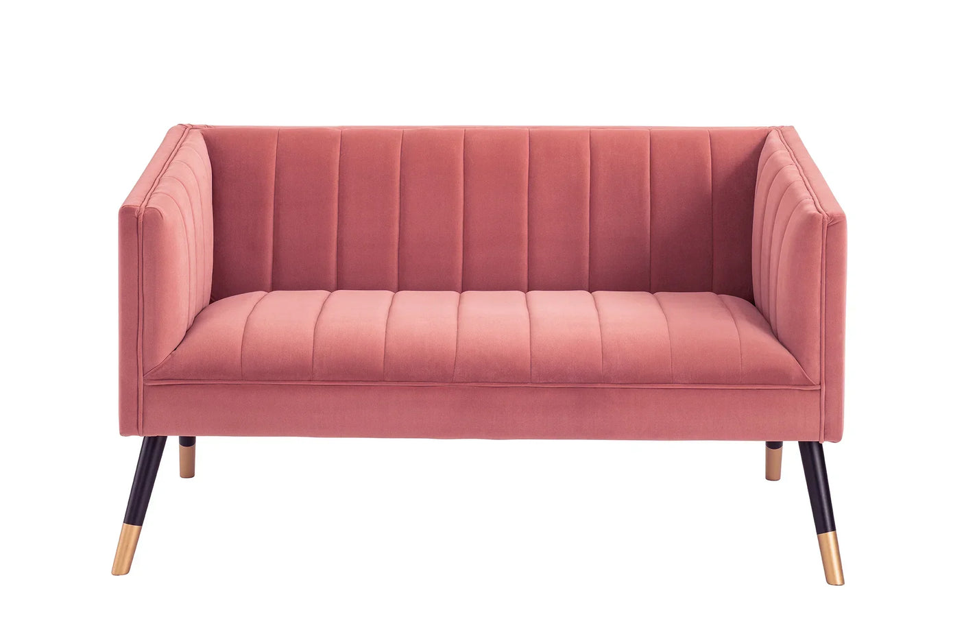 Pink velvet sofa with high arms and gold-tipped legs, front view