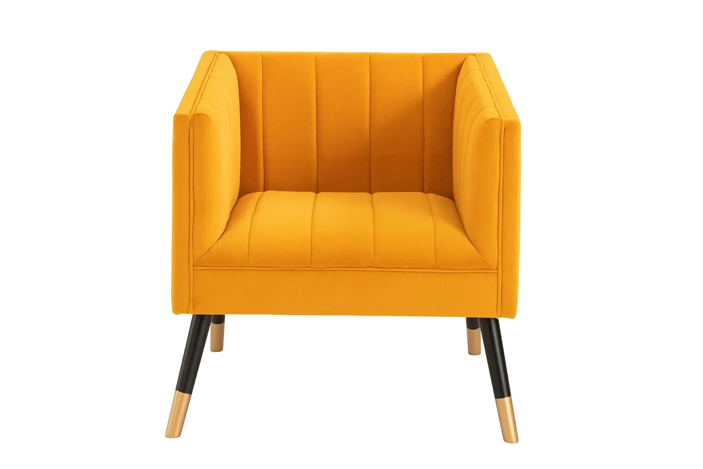 Mustard yellow velvet accent chair with vertical stitched detail and black legs, front view