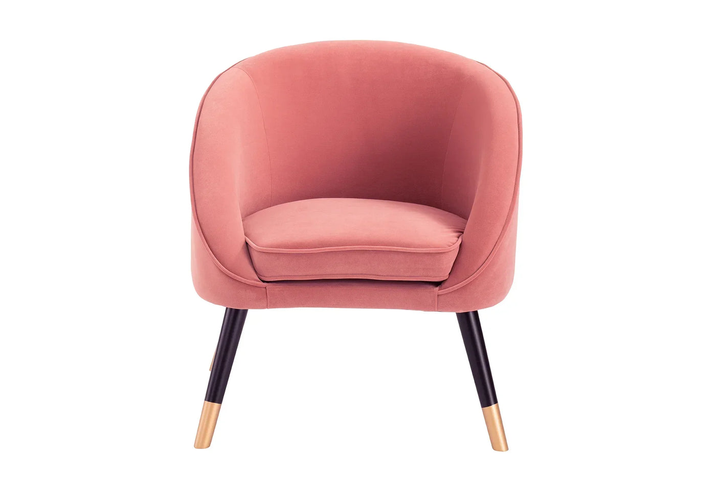Pink velvet accent chair with rounded back and black legs with gold tips, front view