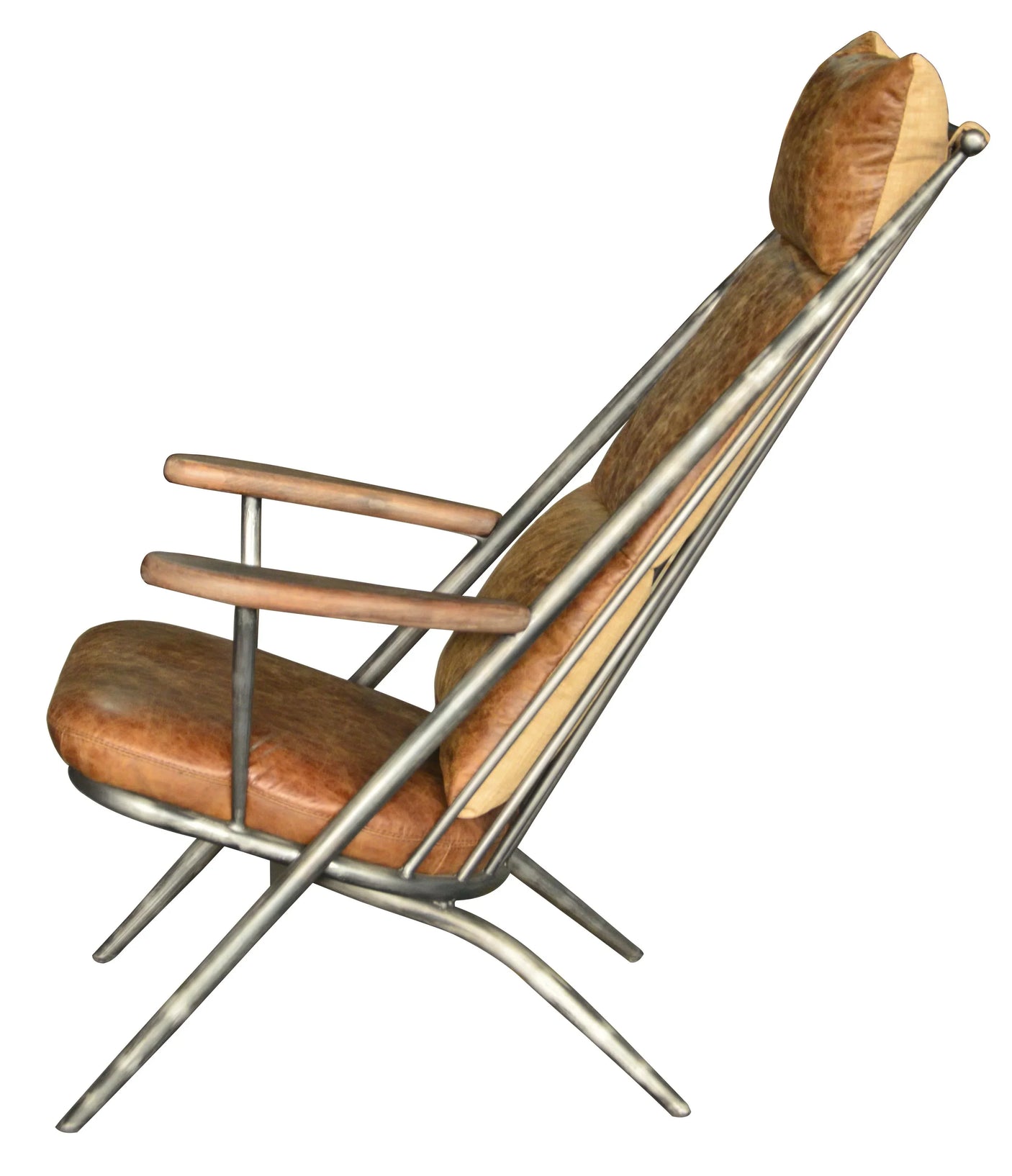 Leather lounge chair with metal frame and angled wooden arms, side profile view