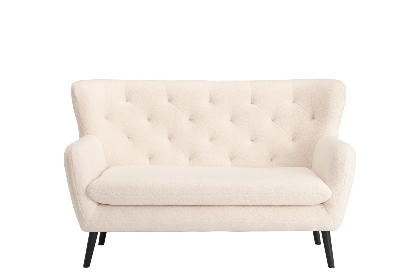 Cream fabric loveseat sofa with tufted backrest and black legs, front view