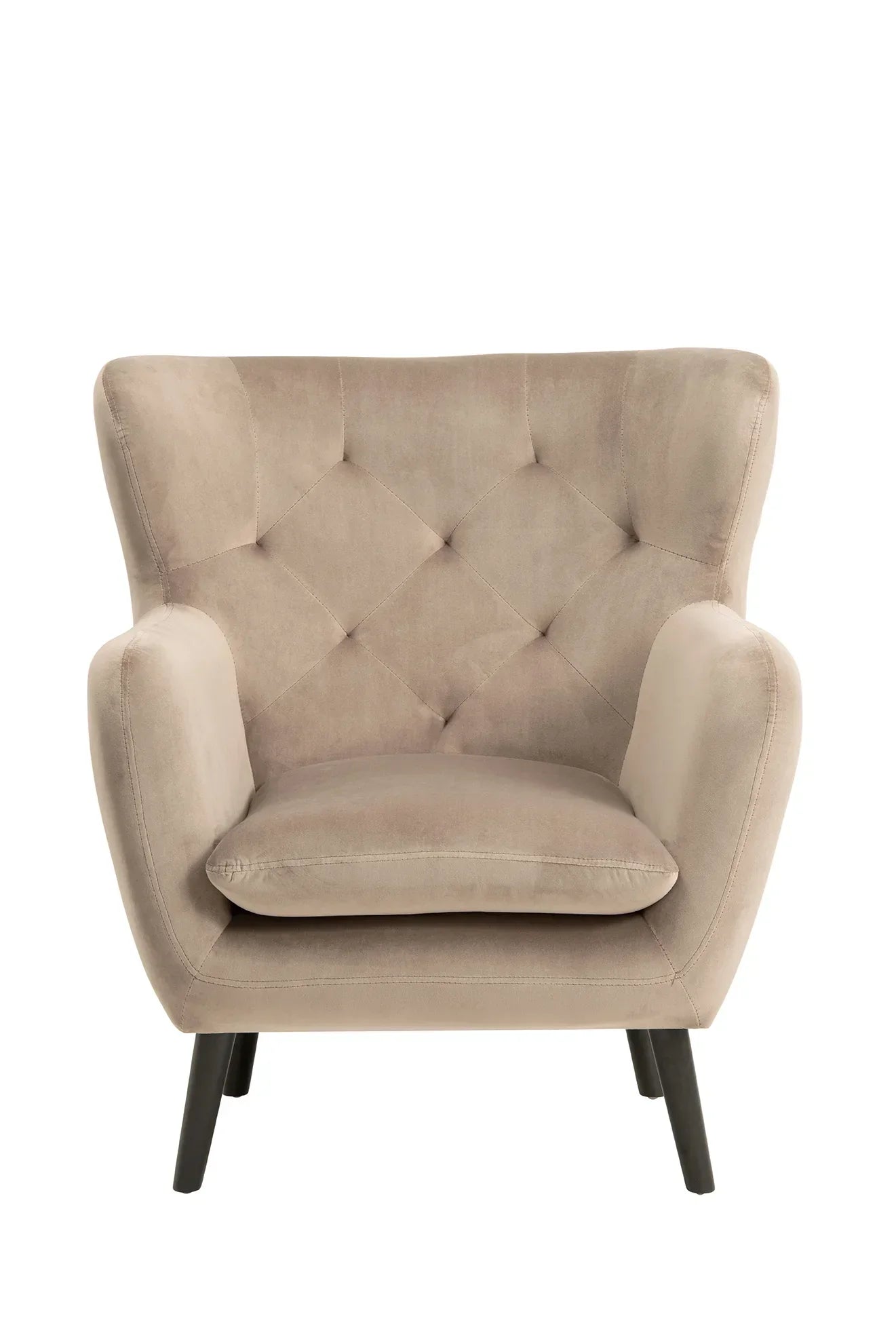 Beige velvet armchair with tufted backrest and angled wooden legs, front view