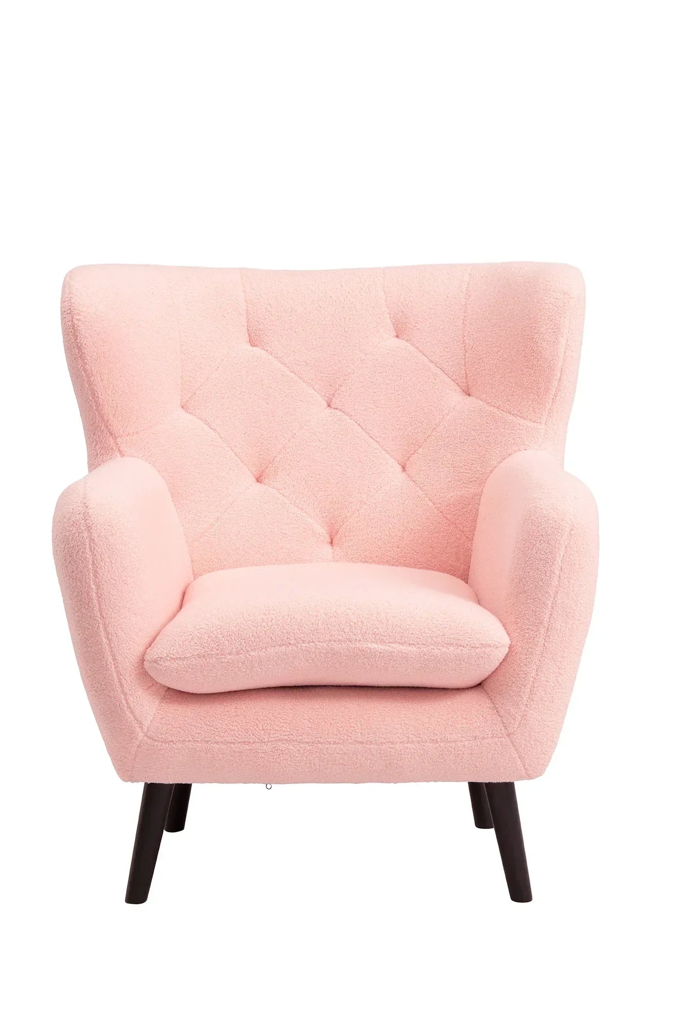 Pink armchair with tufted backrest and black wooden legs, front view