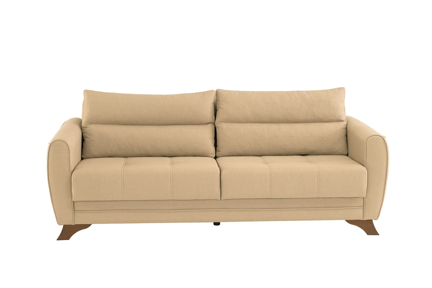 Beige fabric sofa with plush cushions and wooden legs, front view