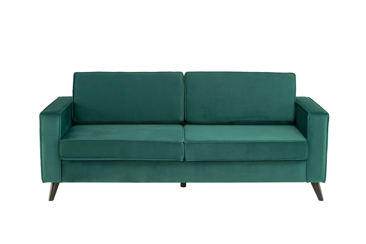 Green velvet sofa with square arms and wooden legs, front view