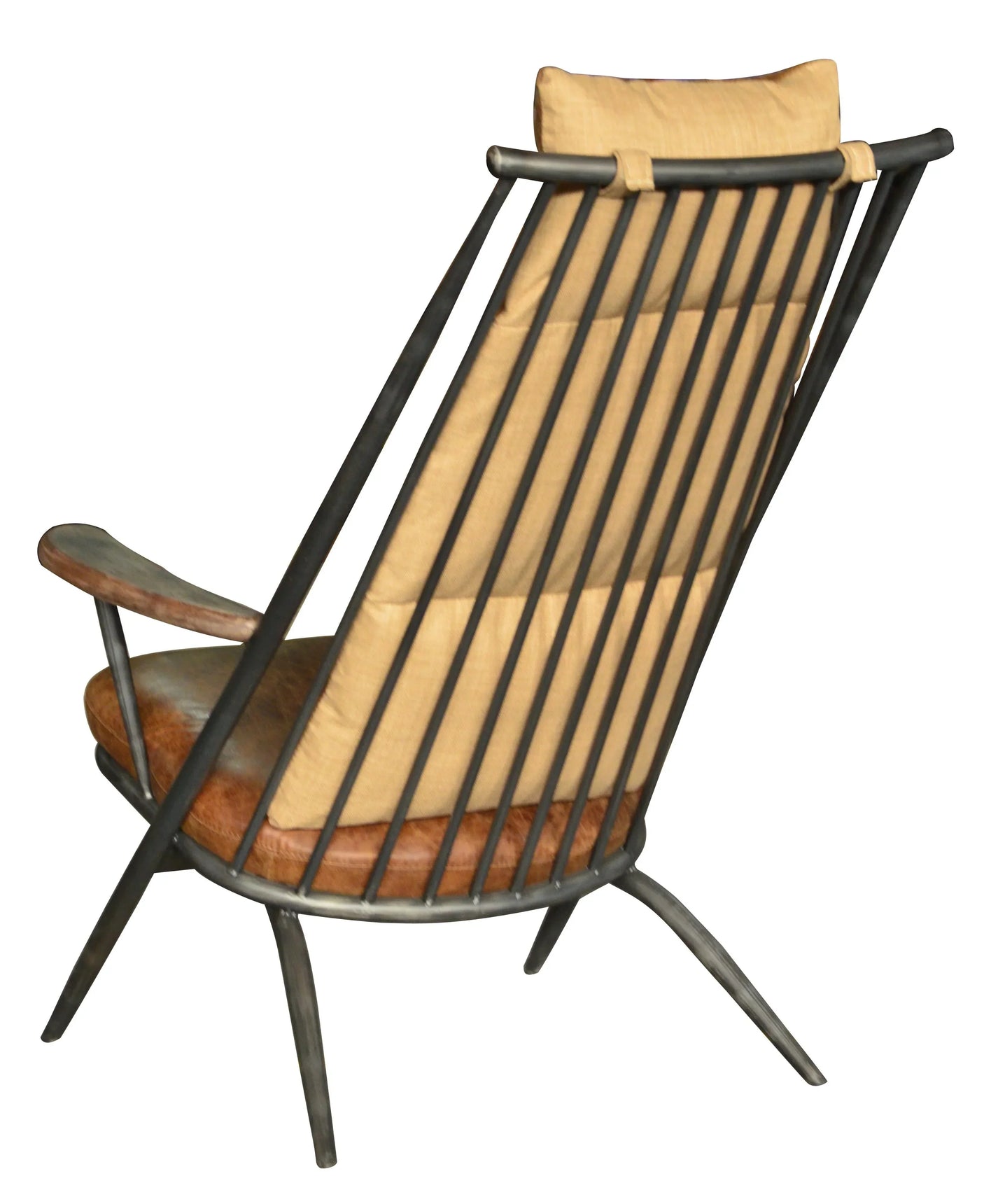Modern accent chair with metal frame, tan cushioned seat and back, angled rear view