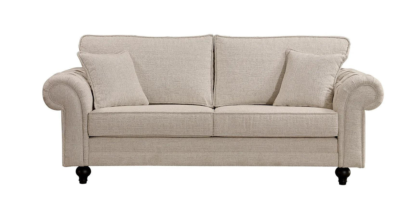 Beige fabric sofa with rolled arms and two matching cushions on black wooden legs