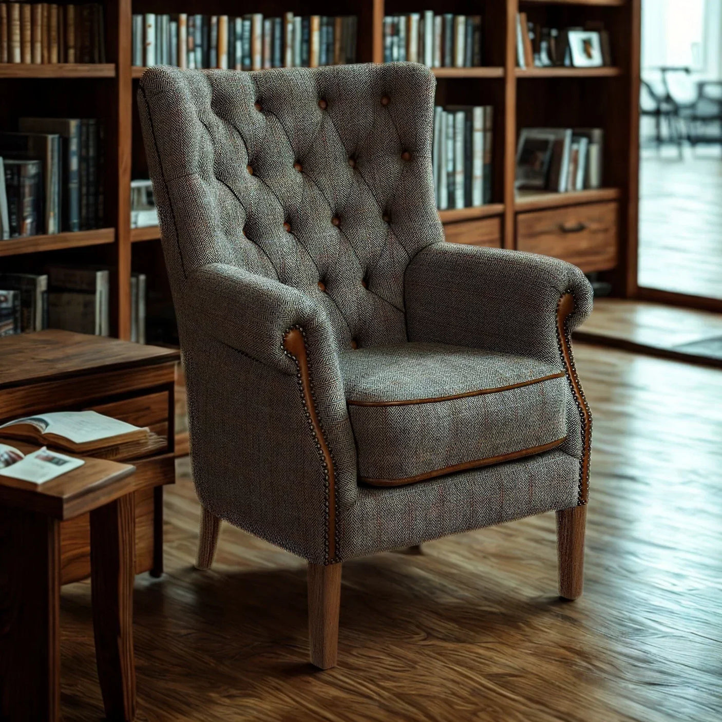 Grey fabric armchair with button tufting and wooden legs in library setting