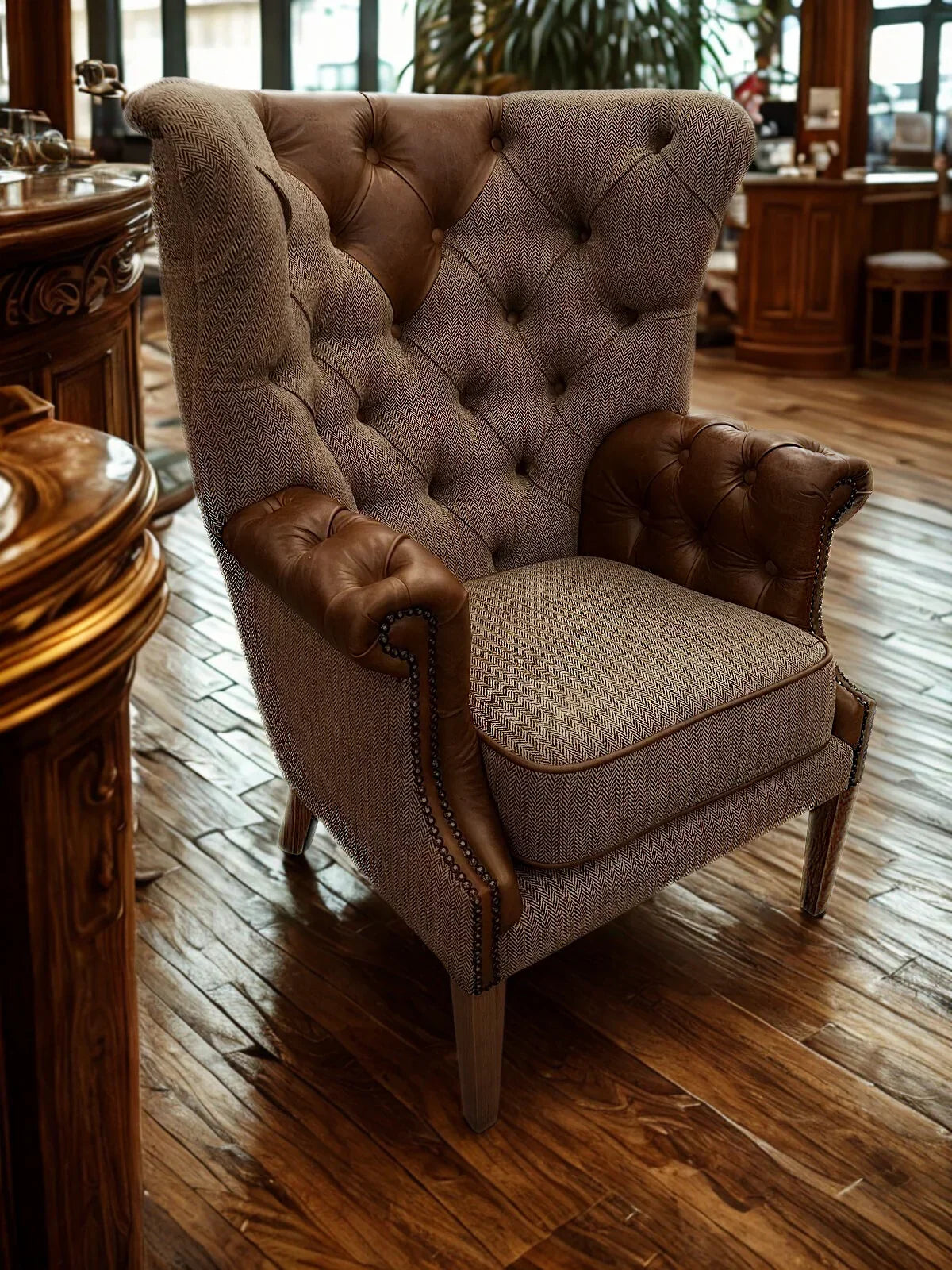 High back armchair with brown leather and textured fabric, button tufting, wooden legs
