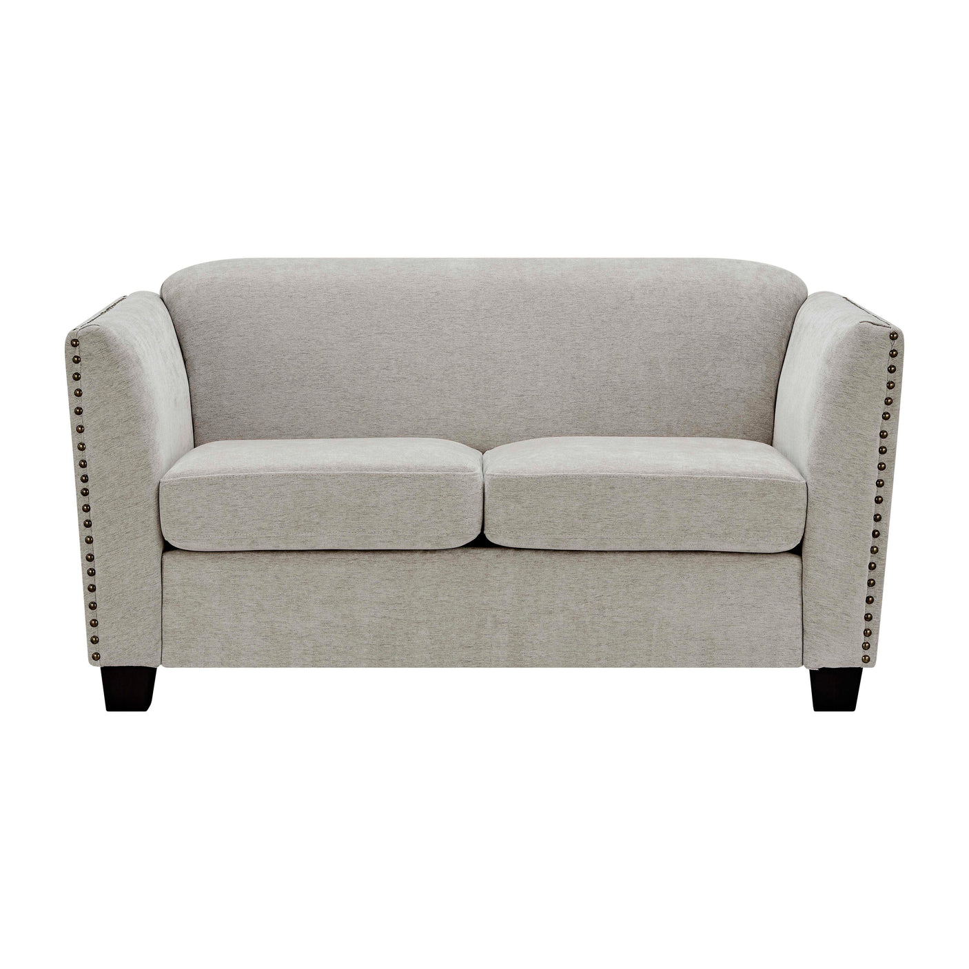 Light grey fabric sofa with nailhead trim and two seat cushions, front view