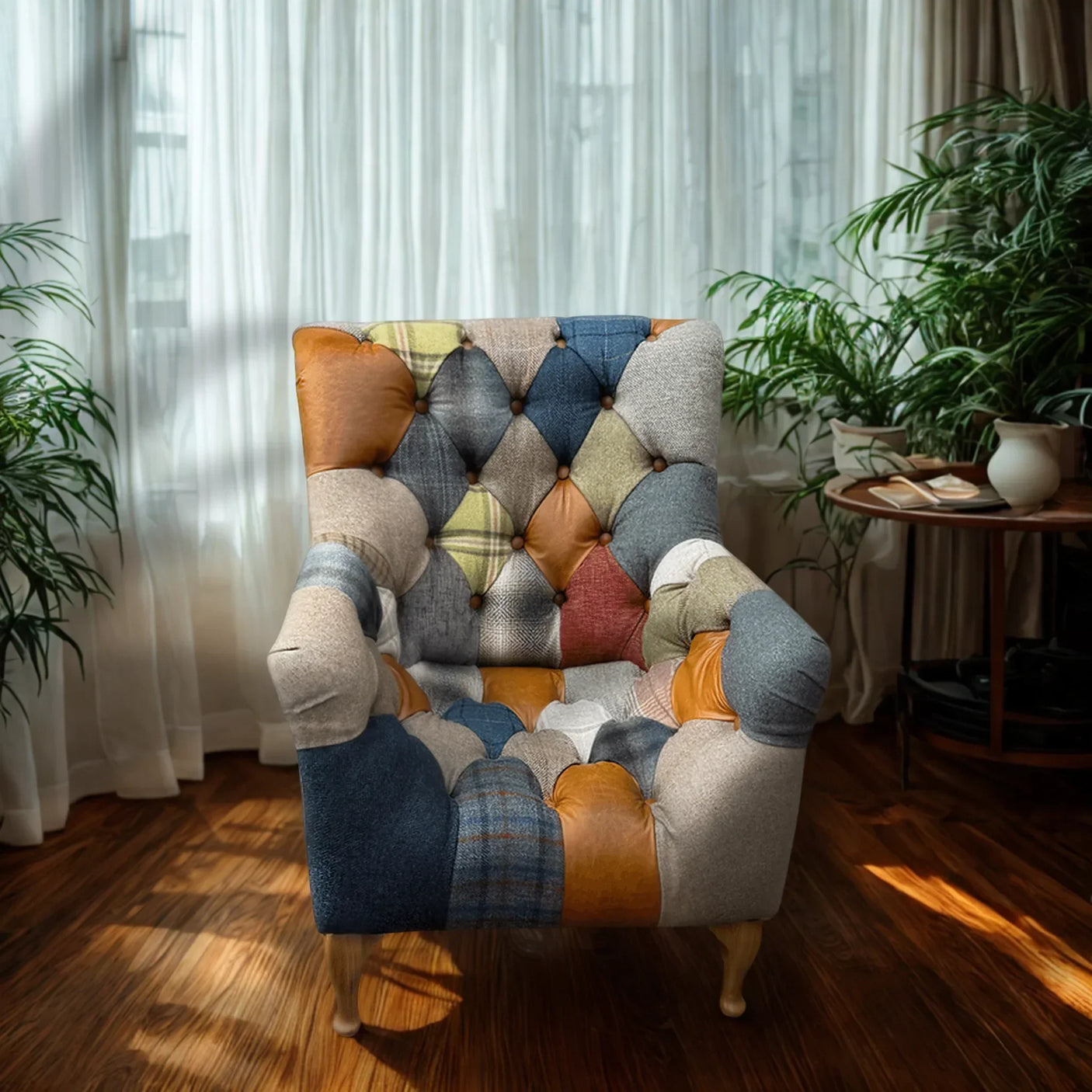 Patchwork armchair with tufted design on wood floor by window with green indoor plants