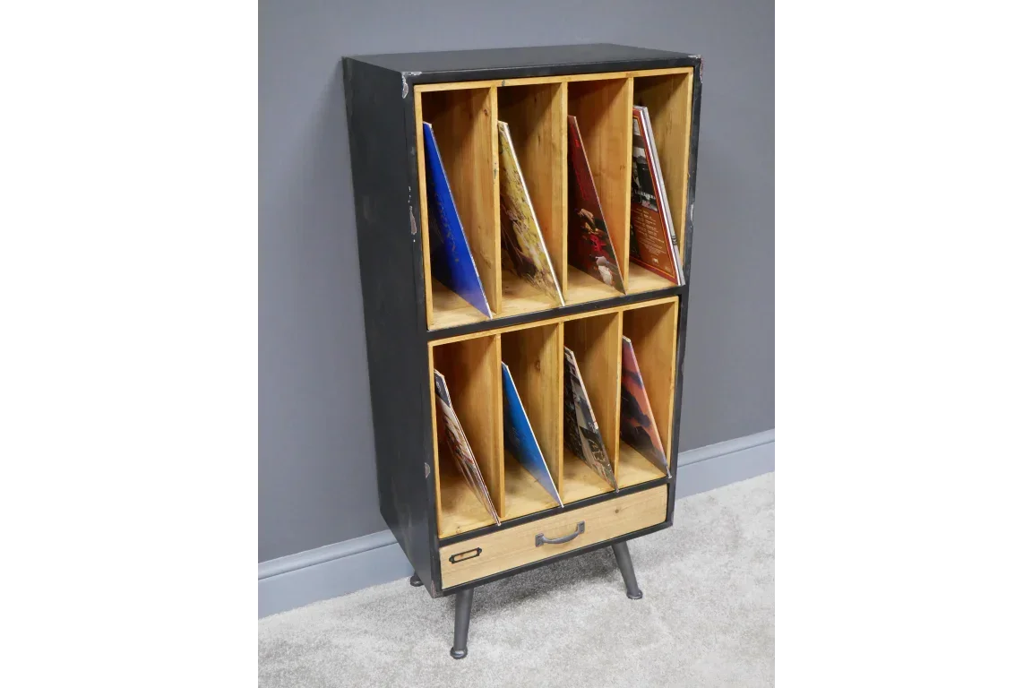 Industrial vinyl storage unit with angled wooden slots and metal drawer, standing on legs