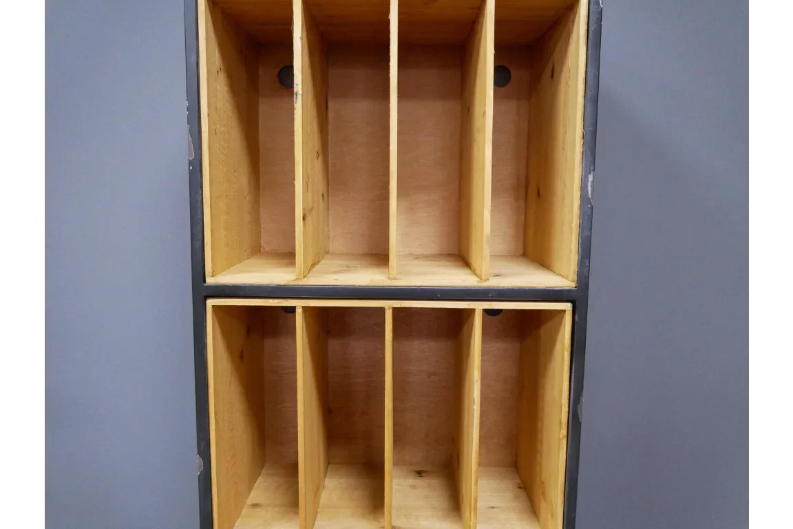 Wooden storage unit with vertical dividers for organizing documents or magazines