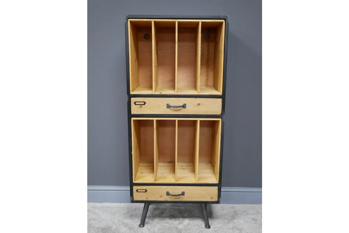 Industrial wooden storage cabinet with divided shelves and drawers on black metal legs