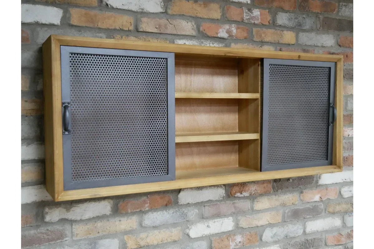Wall mounted industrial wood and metal cabinet with sliding doors and open shelves