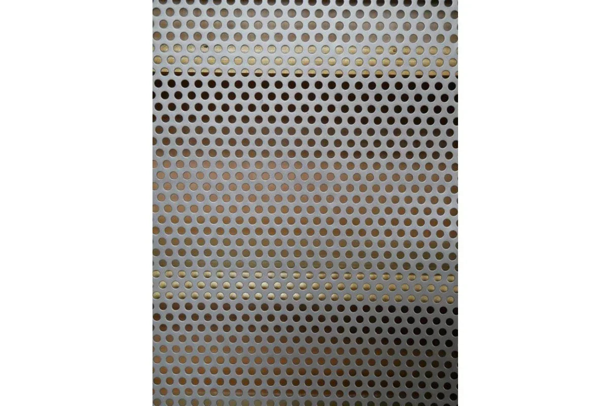 Perforated metal panel with evenly spaced round holes, matte silver finish, straight-on view