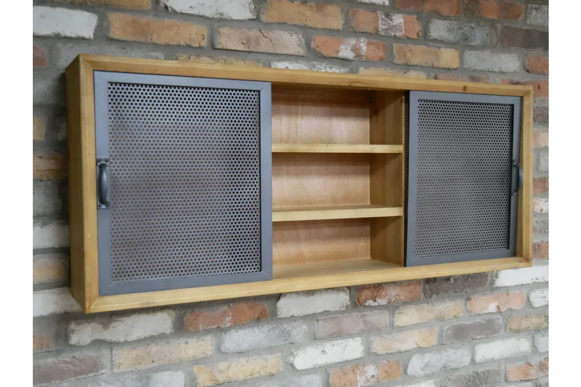 Wall mounted wooden storage cabinet with metal sliding doors and open shelves