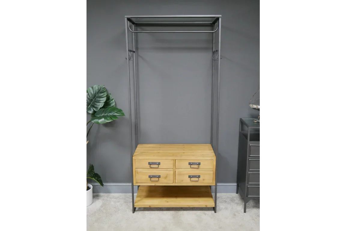 Industrial style clothes rail with hanging bar, four drawer storage and lower shelf
