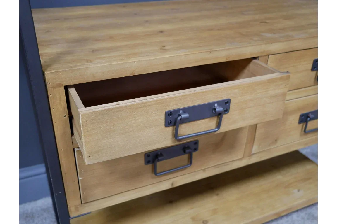 Wooden drawer unit with metal handles, upper drawer open, light oak finish