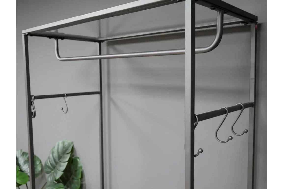 Metal clothes rail wardrobe frame with multiple hanging hooks and minimalist design