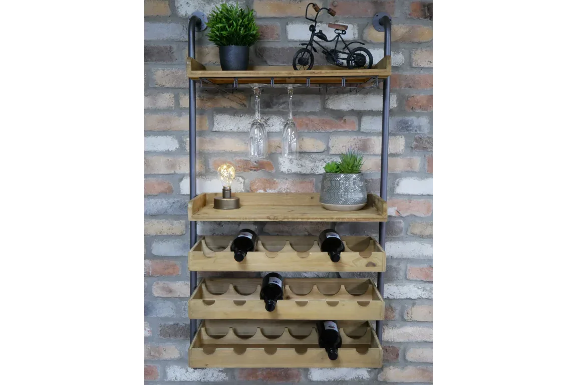 Wall mounted wooden wine rack with shelves, wine bottles, plants, and glass holders