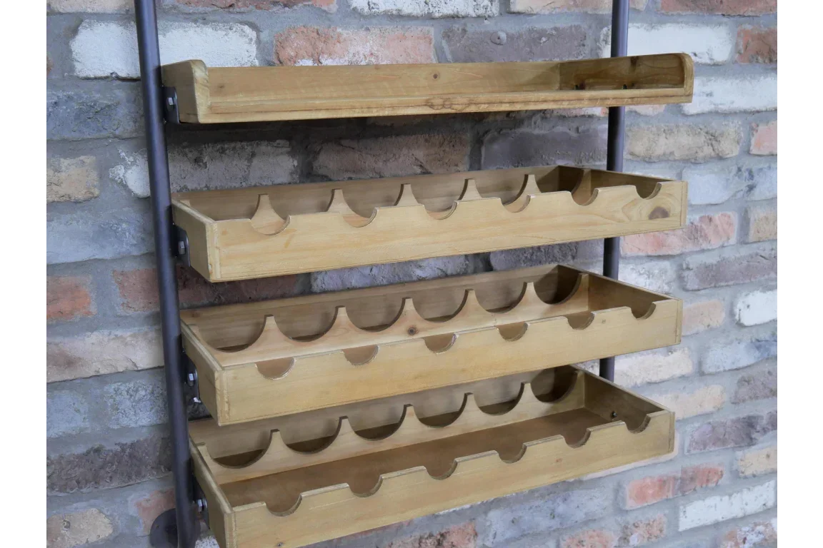 Wall mounted wooden wine rack with four shelves against exposed brick wall