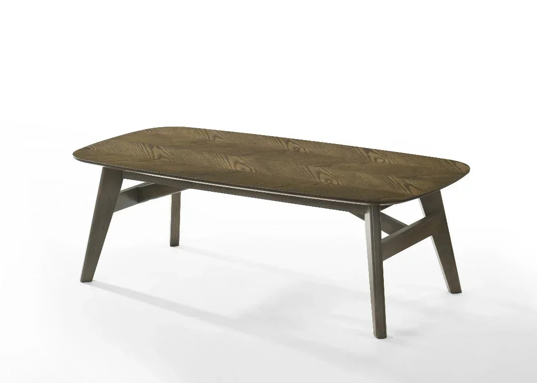 Rectangular wooden dining table with angled legs and brown grain finish