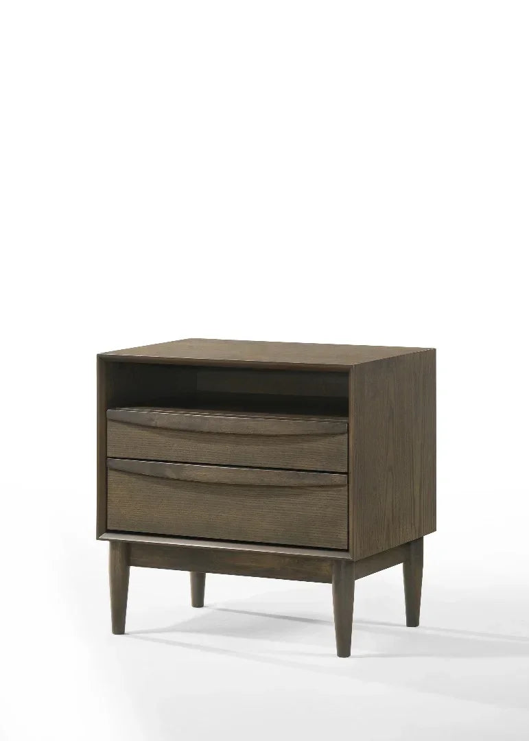 Dark wood bedside table with two drawers and open shelf, angled legs