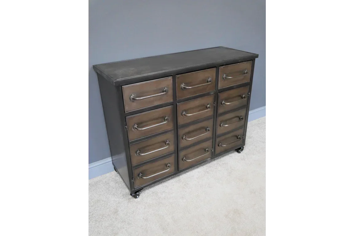 Industrial metal sideboard with nine drawers and large handles on castor wheels