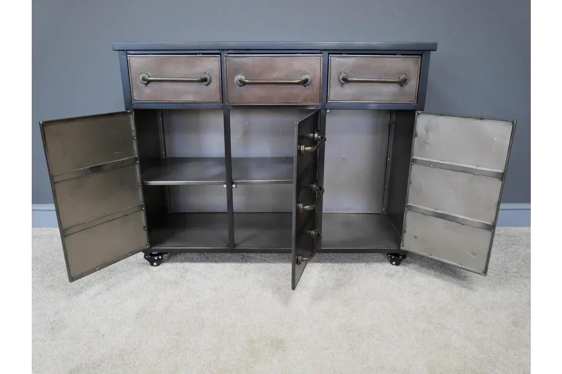 Industrial metal sideboard with three drawers and open double doors on carpeted floor