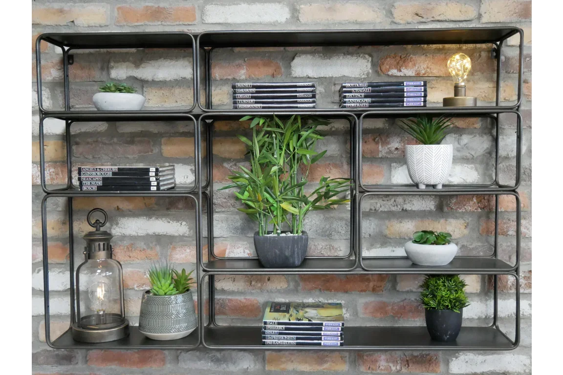 Wall mounted metal shelving unit with books, potted plants and decorative lighting