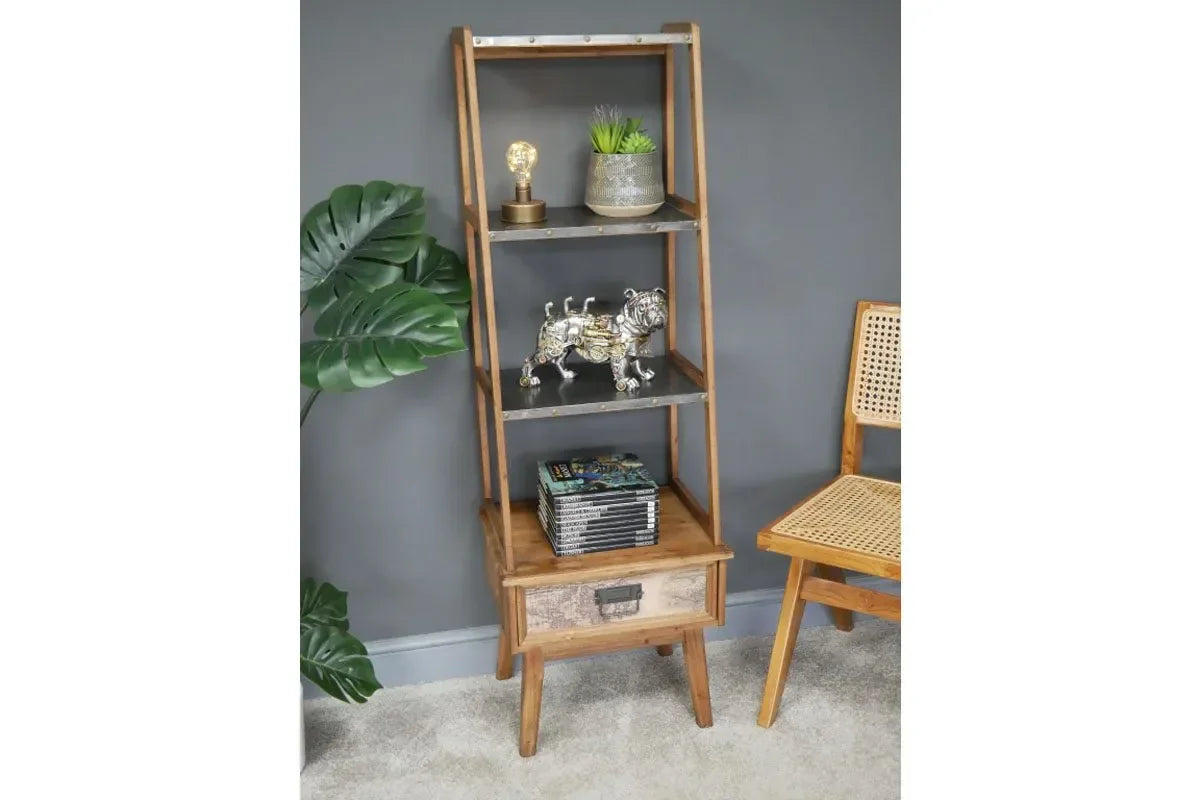 Wooden ladder bookcase with metal shelves and drawer, styled with decor and books
