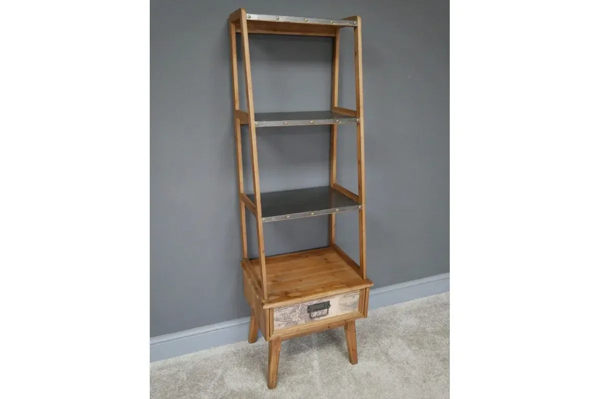 Wooden shelving unit with three metal shelves and single drawer on angled legs