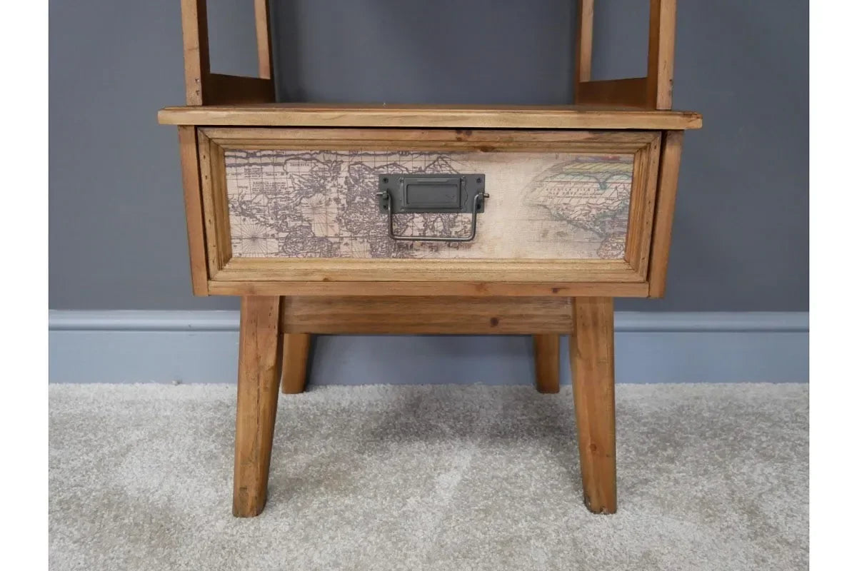 Wooden bedside table with map print drawer and metal handle, mid-century style legs