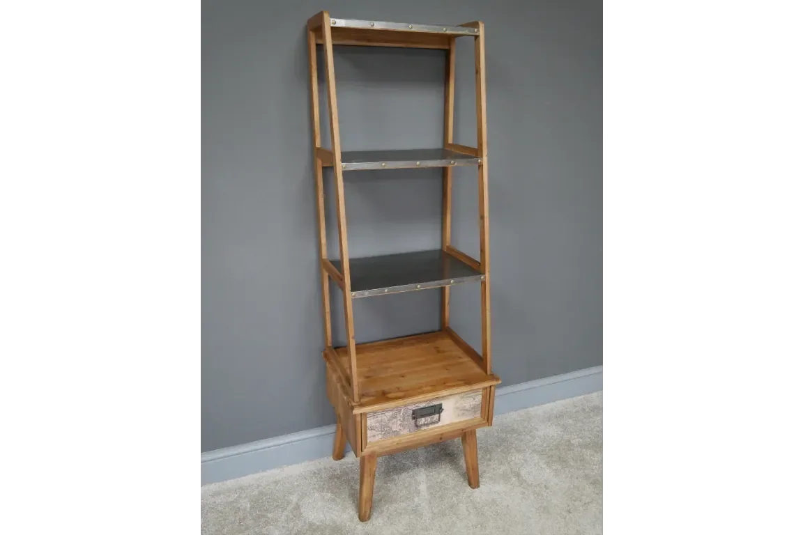 Wooden shelving unit with three open shelves and a single drawer at the bottom