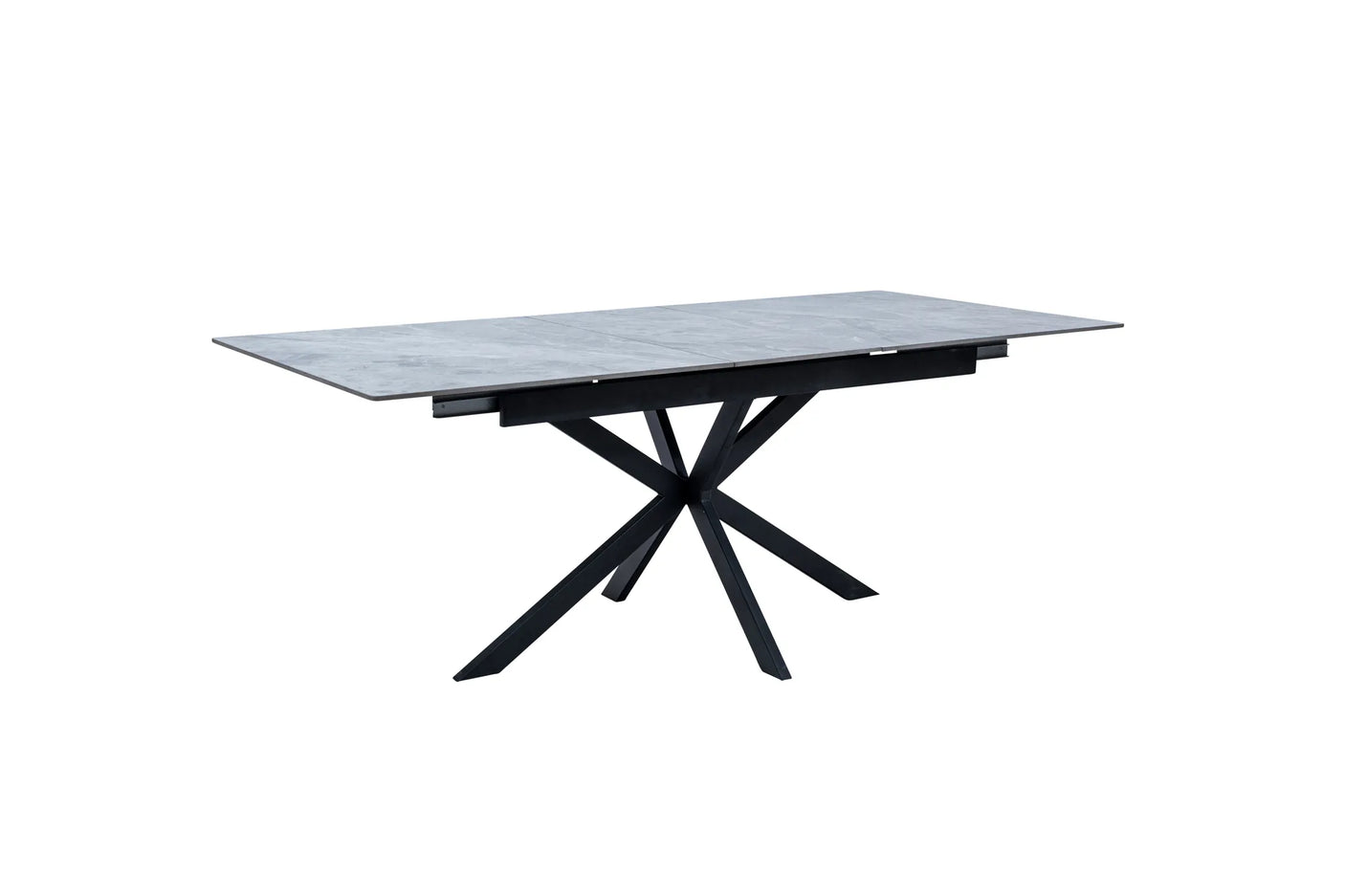 A rectangular dining table with a gray stone-look top and a black metal X-shaped pedestal base, shown on a plain white background.