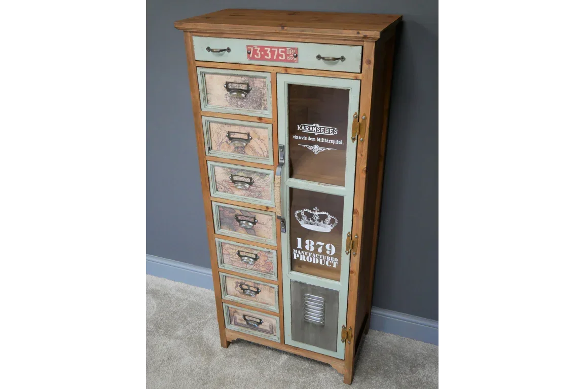 Retro wooden chest of drawers with vintage map fronts and decorative glass cabinet door