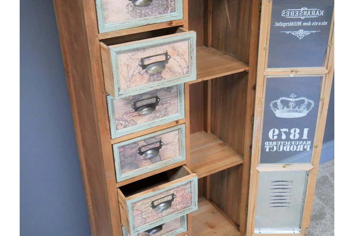 Wooden storage cabinet with vintage map drawers and glass door, industrial style
