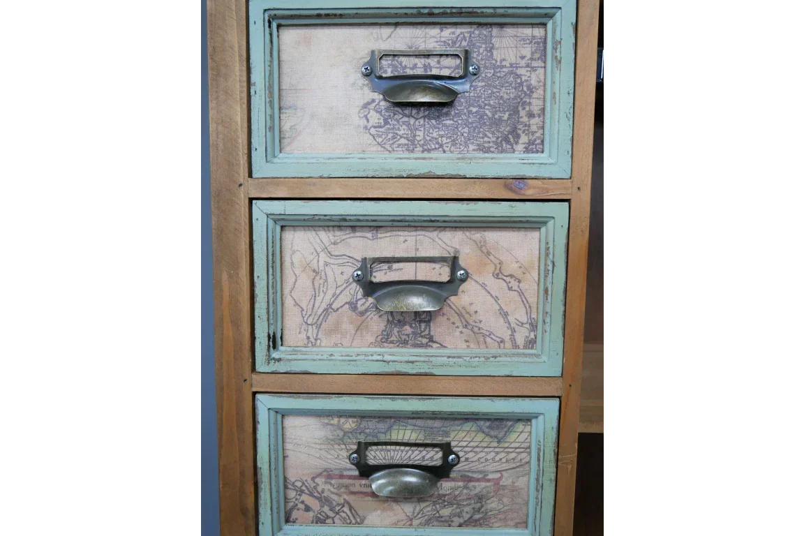 Wooden chest of drawers with vintage map print panels and metal cup handles