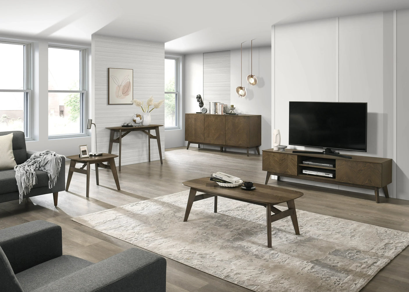 Mid-century walnut living room furniture set with TV unit, coffee table and sideboard