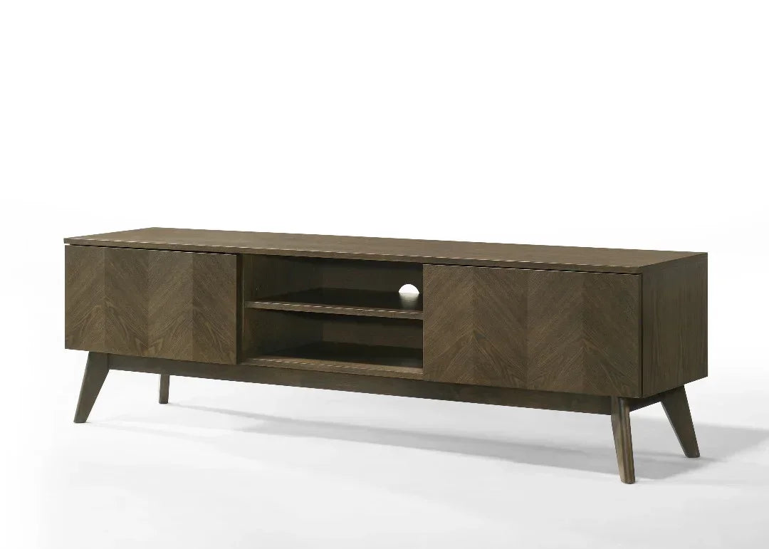 Walnut TV stand with chevron doors, open shelves and cable hole, angled legs