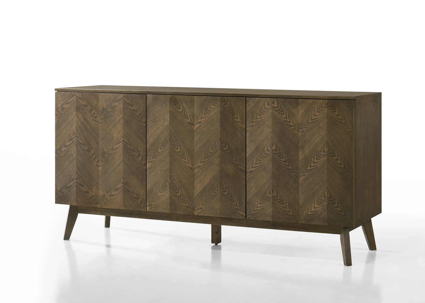 Mid-century sideboard with chevron patterned wood doors and angled legs on white background